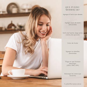 May include: A woman smiles while using a laptop, with a white coffee cup on a wooden table. Text on the right side says "QUE PUEDO MODIFICAR?" and lists options like adding text, text boxes, font styles, background color, and personal details.