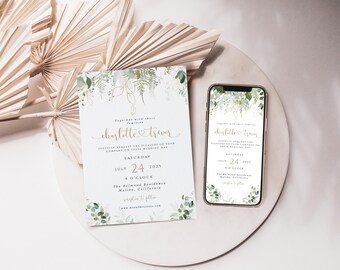Elegant Greenery Digital Wedding Invitation Template (Easy to Edit)