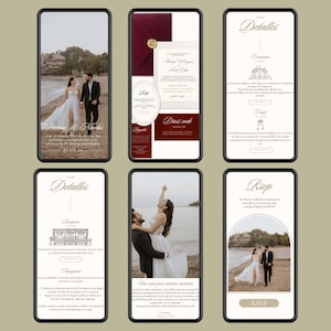 May include: Six smartphone screens displaying wedding invitation details. The screens show photos of a couple, invitation text, and RSVP information. The color scheme includes burgundy, white, and gold accents, with elegant fonts and layouts.