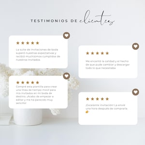 May include: A light-colored image featuring customer testimonials. The text reads "TESTIMONIOS DE clientes" at the top. Four white rectangular cards with rounded corners display customer reviews with star ratings. The background is a soft, neutral color with a floral arrangement.