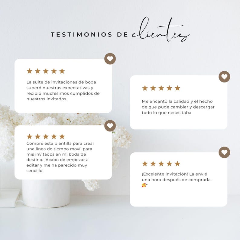 May include: A light-colored image featuring customer testimonials. The text reads "TESTIMONIOS DE clientes" at the top. Four white rectangular cards with rounded corners display customer reviews with star ratings. The background is a soft, neutral color with a floral arrangement.