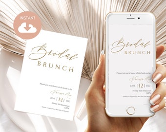 Minimalistyczne zaproszenie na wieczór panieński, szablon zaproszenia na wieczór panieński boho, nowoczesne zaproszenie na brunch dla panny młodej, edytowalne zaproszenie ślubne, róż