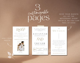 Könnte beinhalten: Drei anpassbare Hochzeitskarten-Seiten mit goldenem Text auf weißem Hintergrund. Die Seiten enthalten RSVP, Veranstaltungsdetails und Namen des Paares. Der Text enthält "Fügen Sie Ihr Foto hinzu" und "Geben Sie Ihren Gästen alle notwendigen Veranstaltungsdetails, damit Sie sich wohlfühlen können."