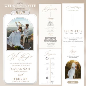 May include: Digital wedding invitation with a photo of a couple celebrating. The invitation includes details, a countdown, and RSVP information. The design is elegant with gold script and a photo of the couple.