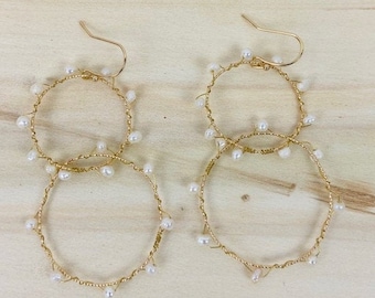 Hoop Earrings with 17 Genuine Baby Freshwater Pearls, Wire Wrapped around Double Hoop Set.