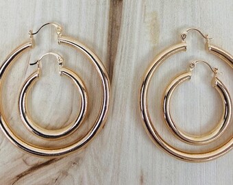 Gold Plated Hoop Earrings in High Finished Quality. In 1 1/4" and 2"