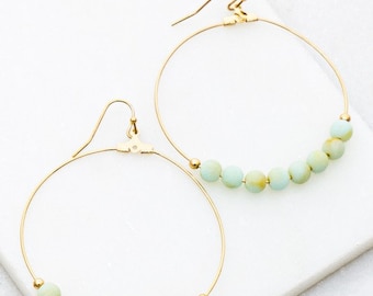 Amazonite Hoop Earrings. Thin Gold Plated Hoops with Natural Stone Beads.