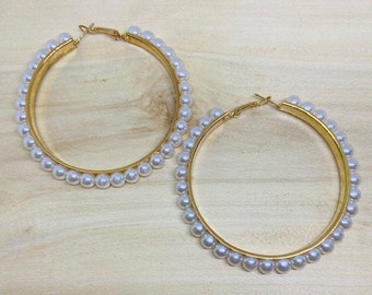 Pearl Hoops Inset in a 2.5" gold Hoop Earrings