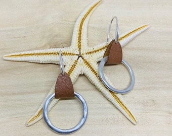 Silver Hook together with Genuine Leather Loop and Round Silver Hoop Earrings