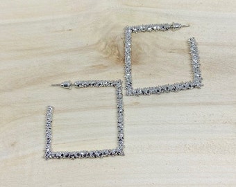 Square Crusted Silver Hoop Earrings