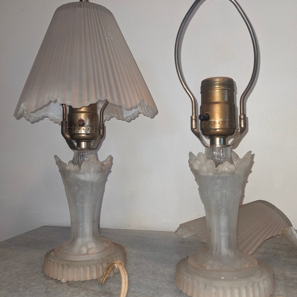 Beautiful Pair of Working Antique Art Deco Intricate Parisian Frosted Satin Glass Boudoir Lamps-Tested!