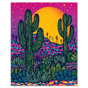 Annotated Audrey Art Print 8 x 10 Moonlit Camp in AZ Colorful Arizona Desert Landscape by Audrey De La Cruz