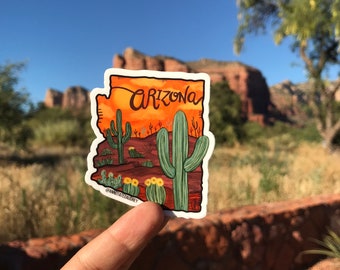Vinyl Sticker | Orange Arizona Weatherproof Decal Cactus Sticker for Waterbottles, Laptops and More