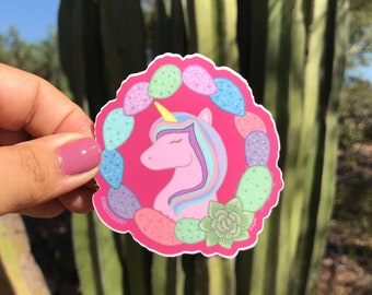 Vinyl Sticker | Unicorn with Rainbow  Prickly Pear Cactus Pink Weatherproof Decal