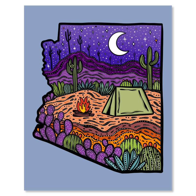 Annotated Audrey Art Print 8 x 10 Moonlit Camp in AZ Colorful Arizona Desert Landscape by Audrey De La Cruz