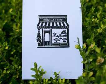 Bonsai Shop Linocut Prints for Plantlovers, 7x10" Shopfront