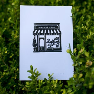 Bonsai Shop Linocut Prints for Plantlovers, 7x10" Shopfront