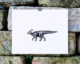Parasaurolophus, Parasaur Art Print, Dinosaur Skeleton Linocut Poster 11x14 inches