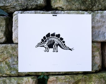 Stegosaurus, Stego Art Print, Dinosaur Skeleton Linocut Poster 11x14 inches