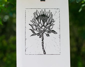 Protea Flower Art Wall Lino Print 9 x 12 inches, Wall Decor