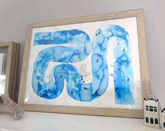 Frog Life Cycle, Metamophosis, Watercolor Giclee Print, Bright Blue