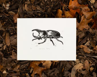 Rhinoceros Beetle Linocut Print, Wall Decor, 5"x7", Art Gift