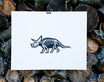 Triceratops, ceratops Art Print, Dinosaur Skeleton Linocut Poster 11x14 inches