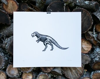 Tyrannosaurus Rex, T-Rex Art Print, Dinosaur Skeleton Linocut Poster 11x14 inches