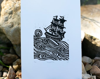 Ship Expedition, Pirate, Handmade Linocut Print, Wall Decor, 5"x7", Gift