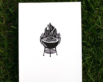 BBQ, Grill, Braai Linocut Print, 7x10"