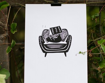 Lazy Cat Lino Cut Print, Humorous Cat Art, 7x11 Inches