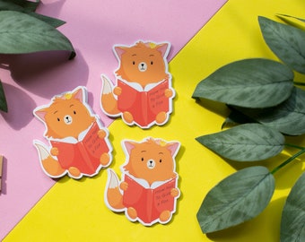 Suki the Fox Reading Sticker, Glossy Waterproof Vinyl Die-Cut