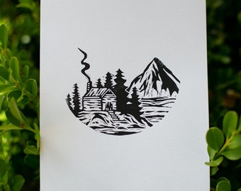 Cabin in the Woods, Lino Cut Print, Wall Decor
