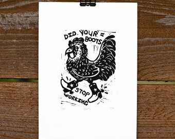 Cowboy Rooster Linocut Print, 5x7 Chicken Art