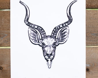 African Kudu, South African Animal, Linocut Poster 11x14 inches
