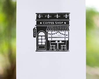 Coffee Shop Storefront Linocut Print, Wall Decor 7 x 10"