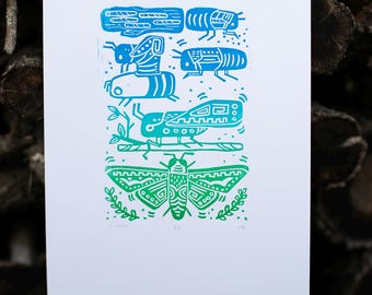 Metamorphosis of CICAIDA Linocut print, wall decor, 7x10"