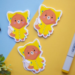Sticker &quot;Suki the Fox in Raincoat&quot;, Die-cut gloss vinyl sticker, waterproof sticker.