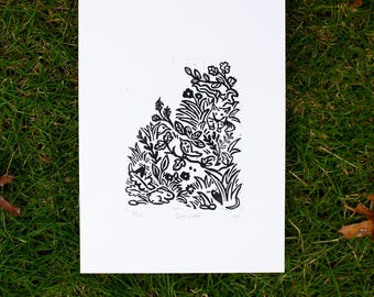 Discover Garden Scene Linocut Print, Wall Decor, 5"x7", Gift