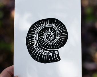 AMMONITE Dinosaur Fossil, Lino Cut Print, Wall Decor