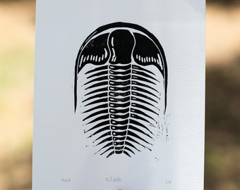 TRILOBITE Dinosaur Fossil, Lino Cut Print, Wall Decor