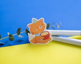 Cozy Fox Sticker, Hot Cocoa, Bird Friend, Glossy Die-Cut