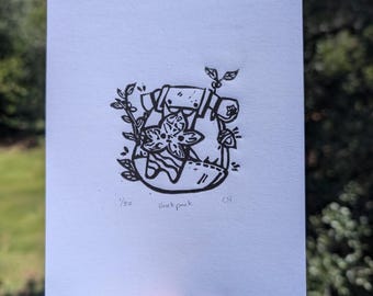 Korok Seed Backpack Linocut Print, Wall Decor, 5"x7", Gift