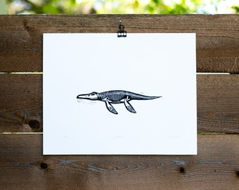 Mosasaurus, Mosasaur Art Print, Dinosaur Skeleton Linocut Poster 11x14 inches