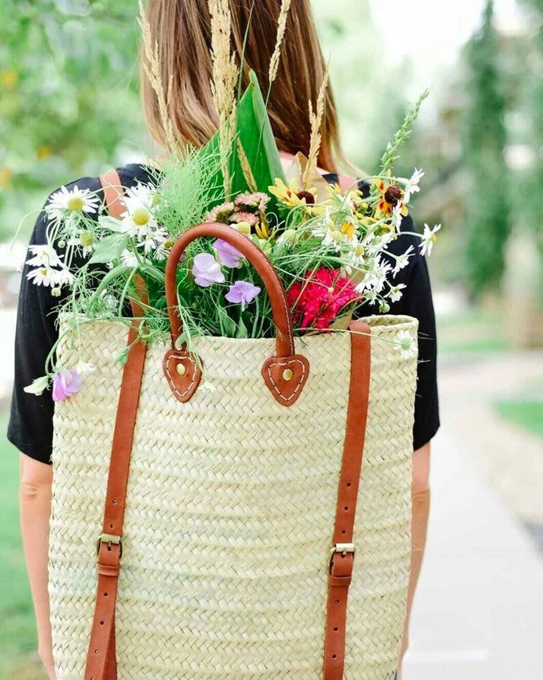 French basket with leather strap, Straw backpack, Beach bag, Hipster  backpack, straw basket, summer bag