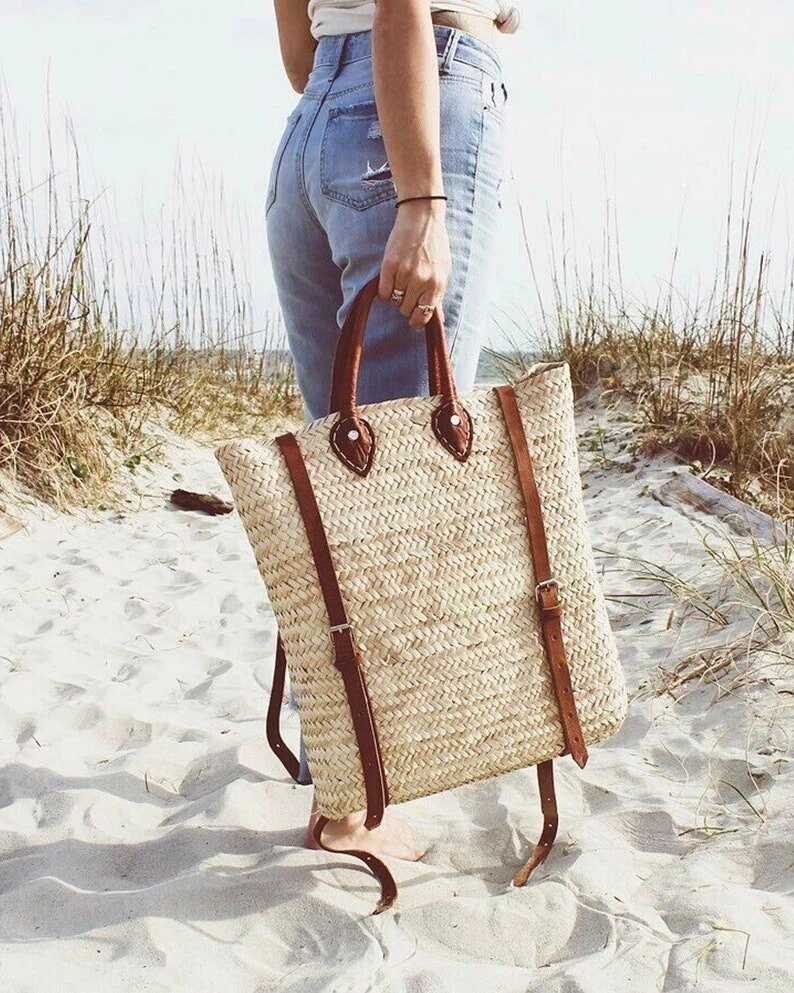 FRENCH Straw Backpack With a Leather Basket Coastal Foraging - Etsy