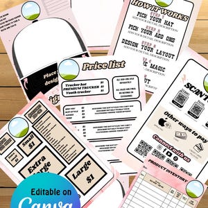 Puede incluir: Plantillas de diseño imprimibles en rosa y negro para un negocio de gorras de camionero. Las plantillas incluyen una lista de precios, una tabla de tallas, opciones de adición e instrucciones sobre cómo diseñar tu propia gorra. El texto "Editable on Canva" está incluido en la imagen.