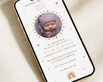 Taufeinladung digital, Taufeinladung personalisiert, Einladungskarte Taufe, Einladung zur Taufe Handy, Regenbogen, Einladung WhatsApp, Happy