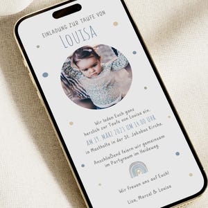 Doopuitnodiging, digitale doopuitnodiging, doopuitnodigingskaart, mobiele doopuitnodiging, doopregenboog, WhatsApp-uitnodiging, Happy Blue