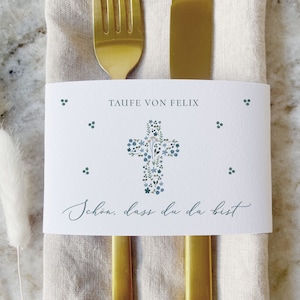 Banderole Servietten, Banderole personalisiert, Taufe Blumenkreuz, Dekoration Taufe, Serviettenbanderole, Kollektion "Blumenkreuz Blau"